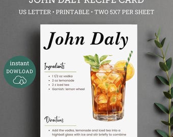 John Daly Cocktail Printable Recipe Card, Golf themed Gift Basket, Masters Party, Masters themed party, Masters cocktails,