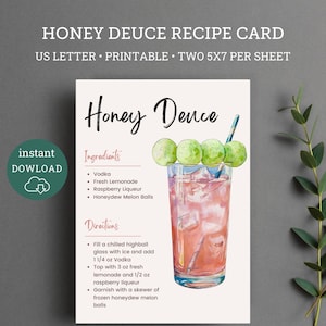 Afdrukbare receptkaart Honey Deuce, US Open cocktailcadeaumand, cocktailreceptkaart, Honey Deuce, US Open cocktailrecept