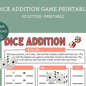 Può includere: Gioco di addizione dei dadi stampabile per due giocatori. Il gioco include istruzioni, uno spazio per i nomi e una sezione per registrare i numeri tirati e la loro somma. Il giocatore con la somma più alta può scrivere le sue iniziali sull'ultima riga. Il vincitore è la persona che ha più iniziali.