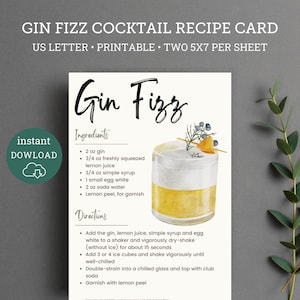 Carte de recette imprimable Gin Fizz, panier cadeau cocktail gin, carte recette de cocktail, idées de panier cadeau enterrement de vie de jeune fille