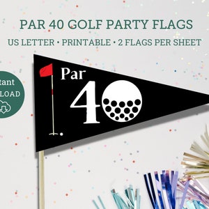以下が含まれることがあります： 黒の背景、白いゴルフボール、そして「Par 40」の文字が書かれた、印刷可能なゴルフパーティーフラッグ。フラッグはUSレターサイズの紙用に設計されており、1枚あたり2つのフラッグが含まれています。