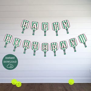 Printable Pickleball Happy Birthday Banner, DIY Pickleball Party Decor, Striped Paddle Theme, Pickleball Birthday Garland PDF, Day Dinker