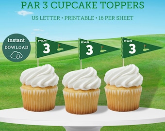 May include: Three cupcakes with white frosting topped with green and white golf-themed cupcake toppers that say "PAR 3".