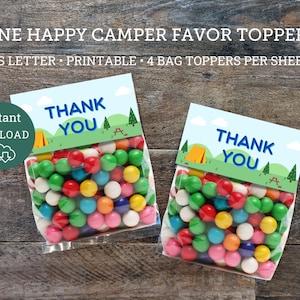 One Happy Camper Favor Bag Toppers, Camping Party, Camp Thema, Dankeschön Taschen, Camping Ausdrucke, Camp Themen Kinderparty