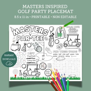 Peut inclure: Un set de table à colorier imprimable sur le thème du Masters Par-Tee, de 8,5 x 11 pouces, avec une voiturette de golf, des clubs de golf et une grille de mots croisés. Le set de table comprend également un jeu de "Je vois" avec 15 balles de golf, 4 drapeaux de golf, 3 chapeaux de fête et 2 voiturettes de golf.