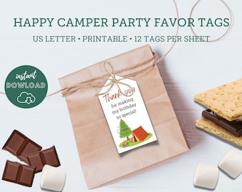 Happy Camper Birthday Favor Tags | Printable Camping Party (Digital Download)