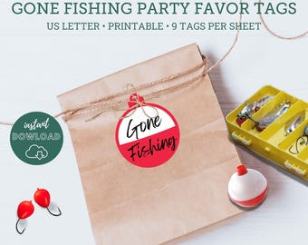 Tags Gone Fishing Bobber-feestbedankjes (afdrukbaar pdf-bestand)