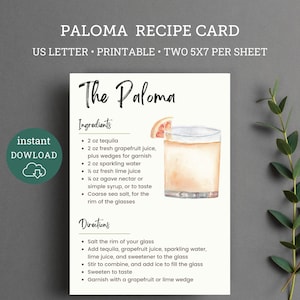 Carta ricetta stampabile Paloma, Cesto regalo Paloma, Carta ricetta cocktail, Cestino Paloma, Carta ricetta pompelmo tequila,