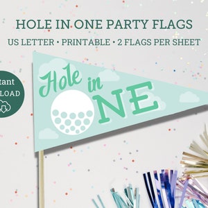 Hole in One Par-Tee Golf Flags, Golf Birthday decor, First Birthday Golfing Party, Print at home golf party decor, Hole in One Golf image 1
