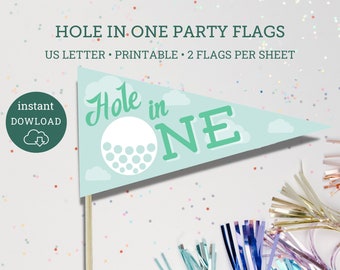 Hole in One Par-Tee Golf Flags, Golf Birthday decor, First Birthday Golfing Party, Print at home golf party decor, Hole in One Golf