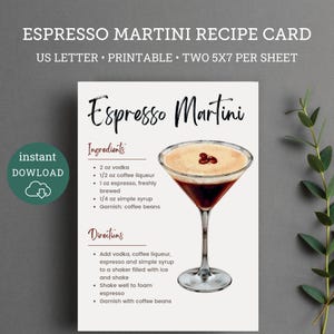 Scheda ricetta stampabile Espresso Martini, Cesto regalo Espresso Martini, Scheda ricetta cocktail, Cesto regalo per le feste