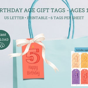 Colorful Birthday Gift Tags by Age, Kids Birthday Party, Gift Tags, Printable Gift Tags