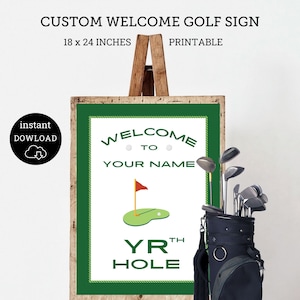 Sinal de golfe de boas-vindas personalizado com seu nome e idade, cartaz de festa de golfe de boas-vindas imprimível, festa de golfe personalizada, decorações personalizadas de festa de golfe