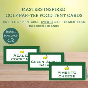 Etiquetas de comida inspiradas en el Masters Golf Par-Tee, etiqueta de buffet para el Golf Par-Tee, etiquetas de comida imprimibles, Golf Par-Tee, comida con juegos de palabras sobre golf, fiesta del Masters