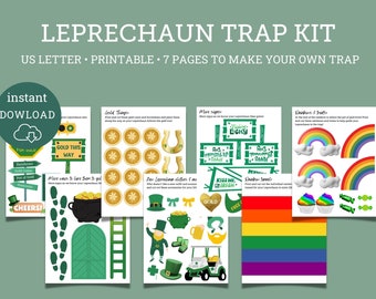 Op de afbeelding: Printbare Leprechaun-valset met zeven pagina's. De pagina's bevatten instructies, gouden munten, klavertjesvier, regenbogen en een Leprechaun-deur. De set is ontworpen om een ​​leuke St. Patrick's Day-val te maken.