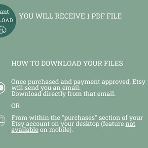Pode incluir: Um fundo verde com texto branco que explica como baixar um arquivo digital comprado no Etsy. O texto diz "Voc&ecirc; receber&aacute; 1 arquivo PDF." e "Como baixar seus arquivos." O texto tamb&eacute;m explica que ap&oacute;s a compra, o Etsy enviar&aacute; um e-mail com um link para download. O texto tamb&eacute;m explica que o arquivo pode ser baixado na se&ccedil;&atilde;o "compras" da conta do Etsy em um computador desktop. O texto diz "recurso n&atilde;o dispon&iacute;vel em dispositivos m&oacute;veis".