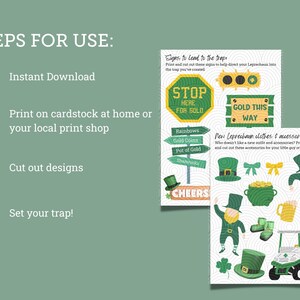 Pode incluir: Conjunto de armadilha para duendes do Dia de S&atilde;o Patr&iacute;cio imprim&iacute;vel com instru&ccedil;&otilde;es. O conjunto inclui sinais para guiar o duende para a armadilha, como "Stop Here for Gold" e "Gold This Way". Tamb&eacute;m inclui roupas e acess&oacute;rios de duende para recortar, como um chap&eacute;u, um pote de ouro e um carrinho de golfe.