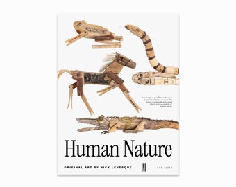 Found Object Animals Poster | Folk Art Frog Snake Horse Alligator | Human Nature Art Print | Paper Wall Art | Nick Levesque