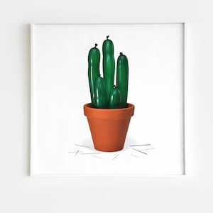 May include: A green balloon cactus in a terracotta pot with black pins scattered around it on a white background.
