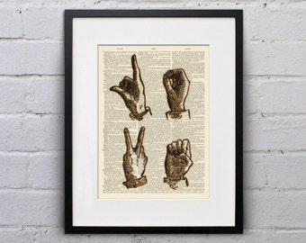 L O V E Letters - Vintage ASL Sign Language Alphabet - Shabby Chic Dictionary Page Book Art Print - DPSL028