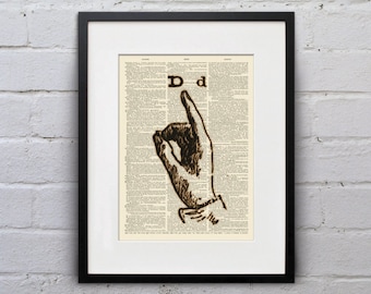 The Letter D - Vintage Sign Language Alphabet - Shabby Chic Dictionary Page Book Art Print - DPSL004