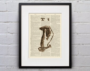 The Letter T - Vintage Sign Language Alphabet - Shabby Chic Dictionary Page Book Art Print - DPSL020