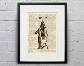 The Letter F - Vintage Sign Language Alphabet - Shabby Chic Dictionary Page Book Art Print - DPSL006