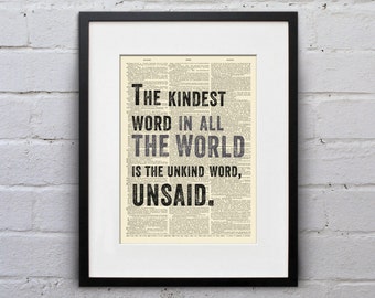 The Kindest Word In All The World - Inspirational Quote Dictionary Page Book Art Print - DPQU034