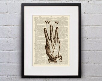 The Letter W - Vintage Sign Language Alphabet - Shabby Chic Dictionary Page Book Art Print - DPSL023