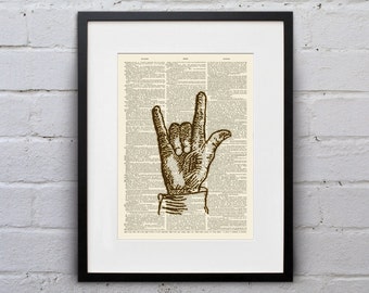 I Love You Sign - Vintage Sign Language Alphabet - Shabby Chic Dictionary Page Book Art Print - DPSL029