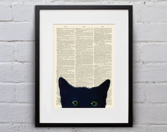 Curious Peeking Kitty - Cute Animals Cat Kitten Cats Dictionary Page Book Art Print - DPCA004