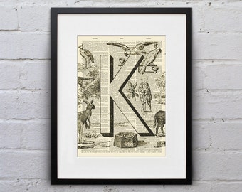 The Letter K Vintage French Alphabet - Shabby Chic Dictionary Page Book Art Print - DPFA011