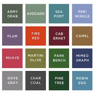 May include: A colour chart with 24 squares, each with a different colour and a name. The colours include brown, army drab, avocado, seaport, peri winkle, holland, conch pink, plum, fire red, cabernet, camel, hotel pool, blue grass, muave, martini olive, park bench, mimeograph, lip stick, puce grey, dove grey, charcoal, pine tree, robin egg, and cheney heart.