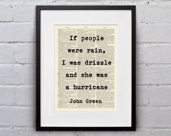 If People Were Rain, I Was Drizzle And She Was a Hurricane / John Green - Inspirational Quote Dictionary Page Book Art Print - DPQU144
