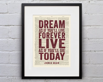 Lámina artística con cita de James Dean, página de libro vintage inspiradora