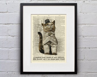 Riding Roomba - Victorian Cat Dictionary Page Book Art Print - DPLJ018