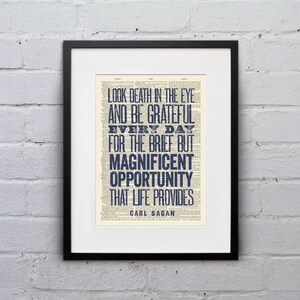 May include: A black framed print with a white background and blue text. The text reads "Look death in the eye and be grateful every day for the brief but magnificent opportunity that life provides. Carl Sagan."