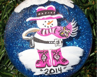 Cowgirl Snowman Ornament - 3" Disc Glass w/blue diamond dust glitter interior