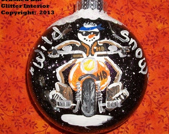 it's "WILD SNOW" Handpainted snowman on a 3" ROUND glass ornament w/black glitter interior - All Original Design