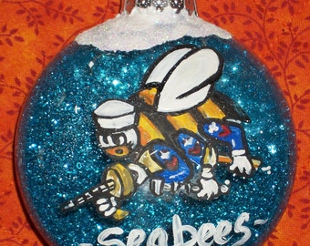 SEABEE  Handpainted on 3" Disc Glass Ornament we also offer crystal clear plastic with final for 8.00