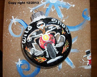 Snowman Ornament "Wild Snow" Some like it hot - design on 3" bubble glass or bubble crystal plastic with black crush glitter inside.