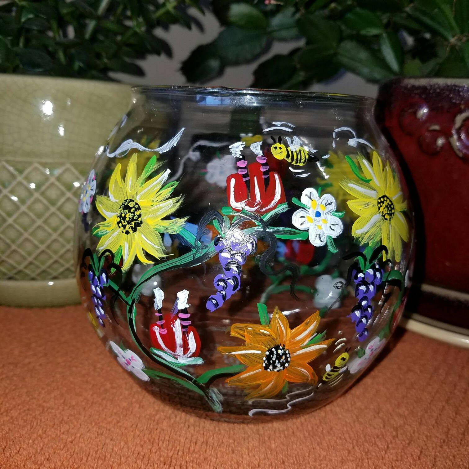 4 Glass Ivy Bowl in Original Wild Flowers and Honey Bees Etsy