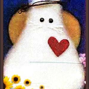 May include: A charming illustration of a white, fluffy creature with a red heart, black eyes, and golden ears. A halo sits atop its head. Yellow sunflowers are arranged along the bottom, set against a blue and white speckled background.