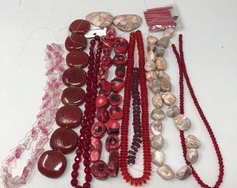 Glass Gemstone Bead Strand Bundle RED Jewelry Making Destash