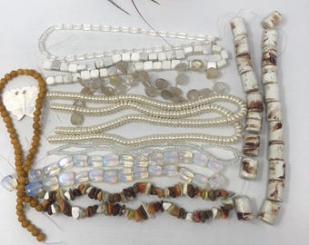 Glass Gemstone Bead Strand Bundle White Neutral Jewelry Making Destash