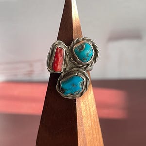 Navajo Sterling Silver Turquoise and Coral Ring Vintage Layaway Available