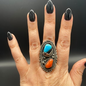 Massive Navajo Sterling Silver and Stunning Turquoise and Coral Signed Ring Vintage Layaway Available
