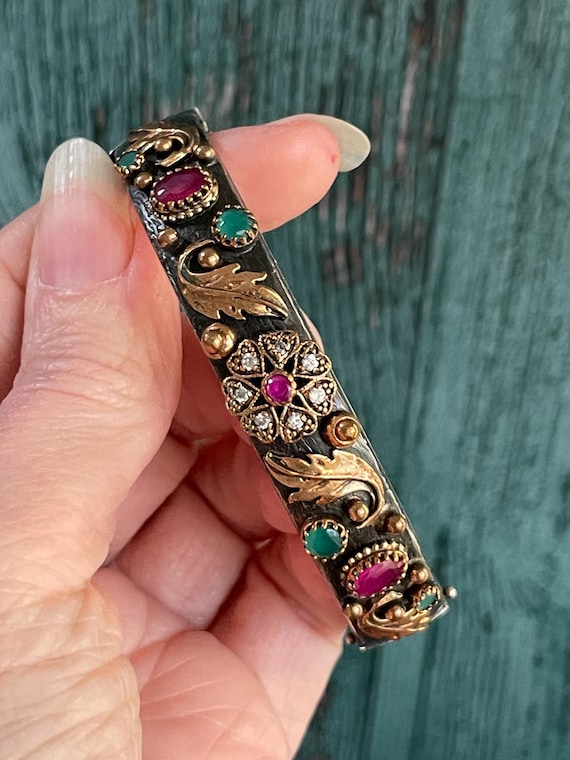 Oxidized Sterling Silver Ruby and Emerald Vintage… - image 3