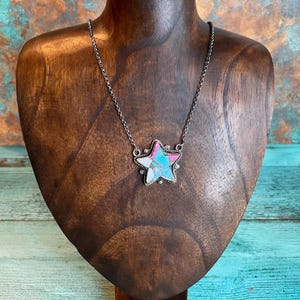 Southwestern Style Pink and Blue Cotton Candy Dahlia Sterling Silver Star Necklace