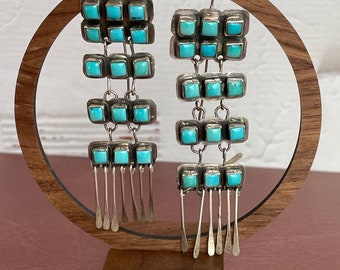 Awesome Vintage Native American Sterling Silver & Turquoise Cluster Long Dangle Earrings Layaway Available